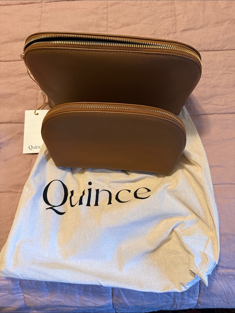 Quince Tan Leather Double Pouch Set with Gold Zippers